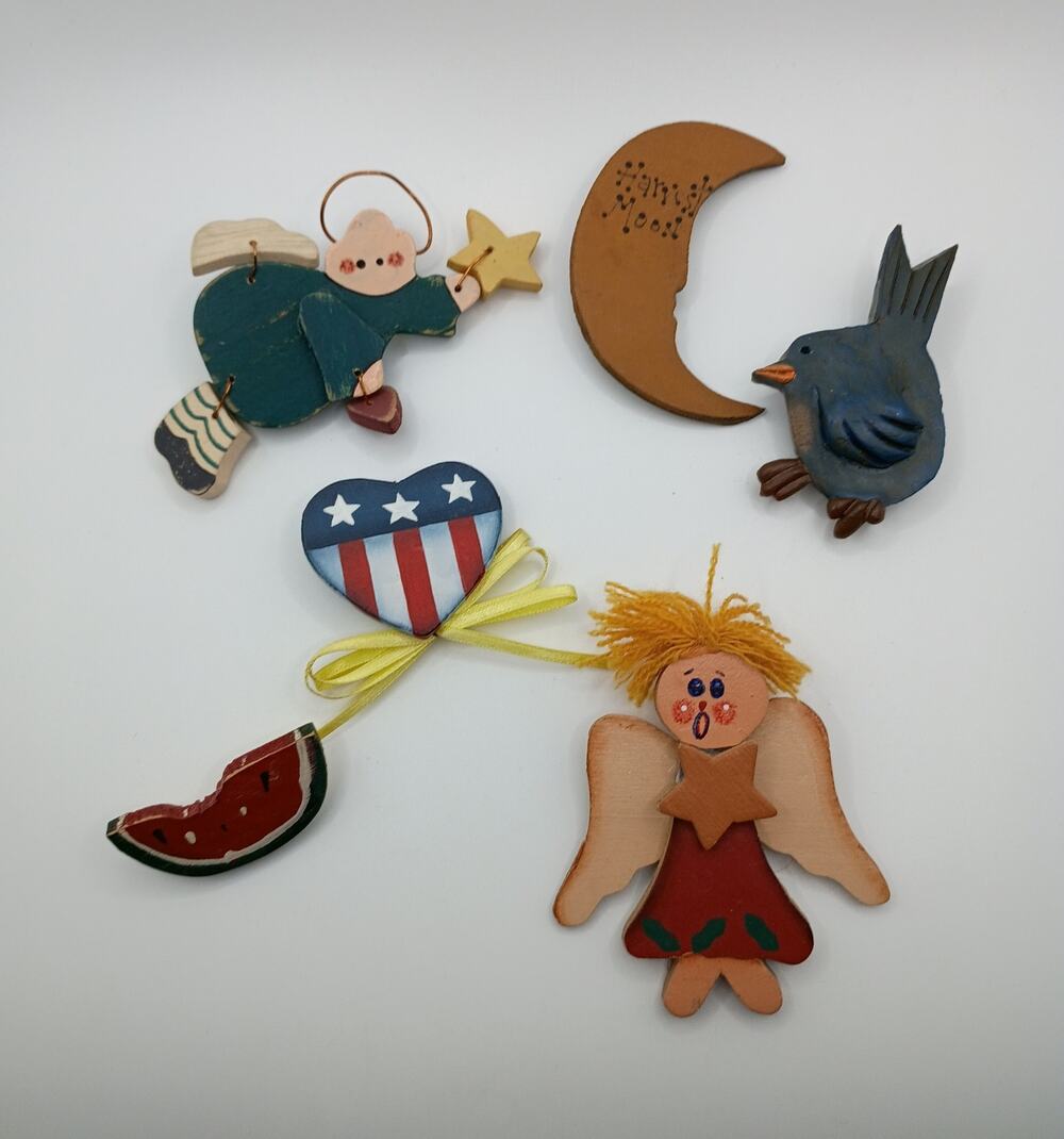 Lot of 6 Vintage Wooden Folk Art Pins – Angel, Bird, Patriotic Heart & More